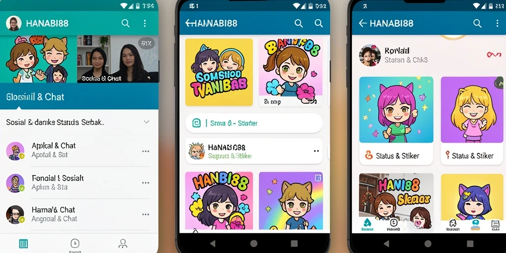 Tampilan utama HANABI88 dengan berbagai stiker menarik dan status kreatif.