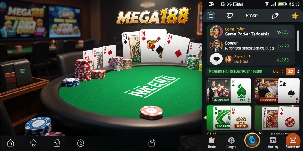 Antarmuka pengguna MEGA188 dengan fitur poker yang menarik.