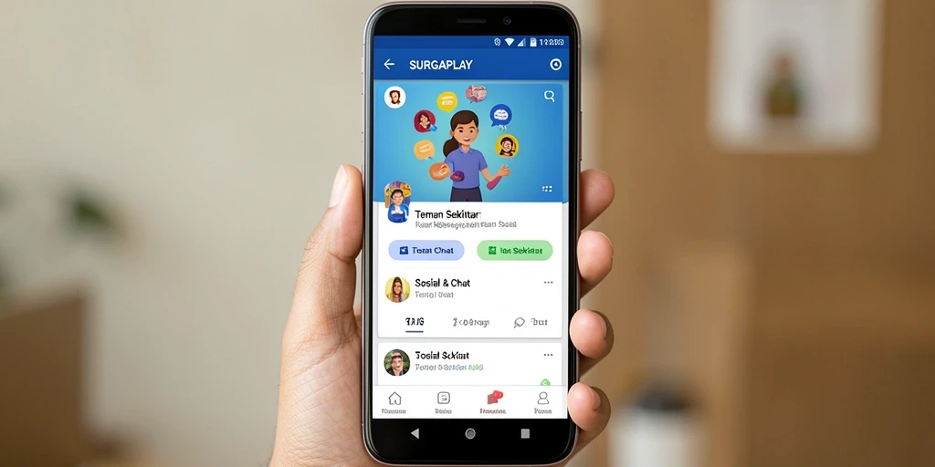 Screenshot utama SURGAPLAY menunjukkan fitur pencarian teman di sekitar.