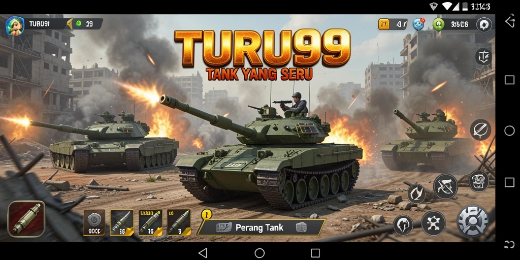 Tampilan antarmuka TURU99 menampilkan aksi pertempuran tank yang mendebarkan.